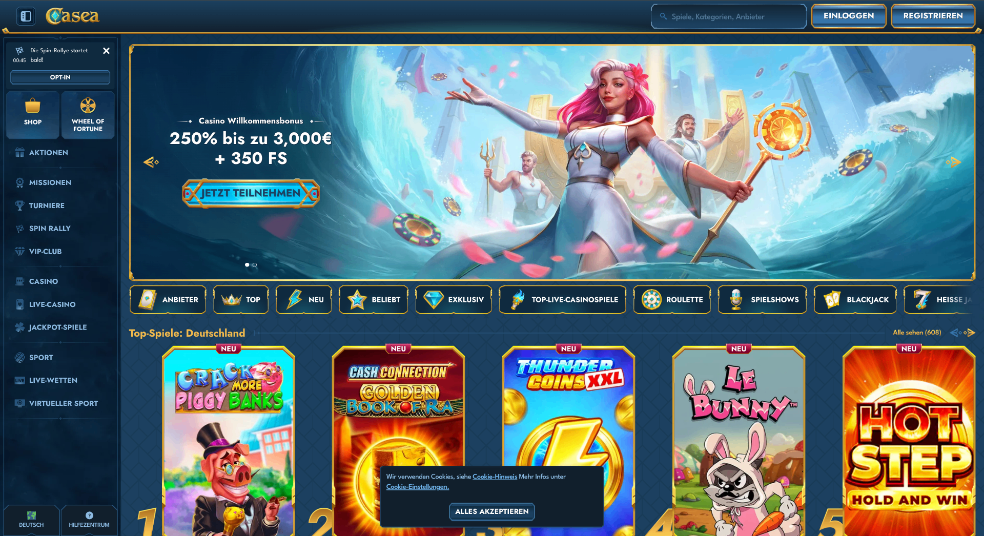 Screenshot der Casea Casino Webseite