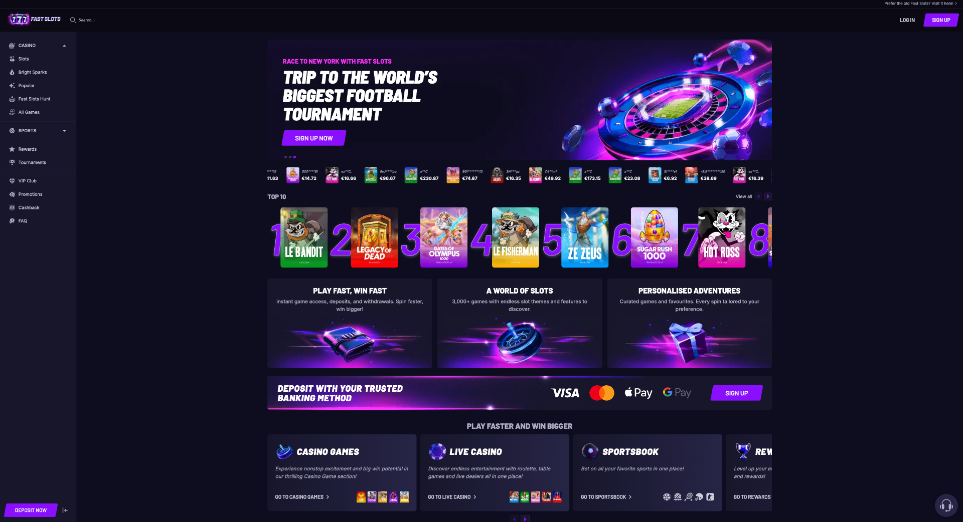 Screenshot der Fastslots Casino Webseite