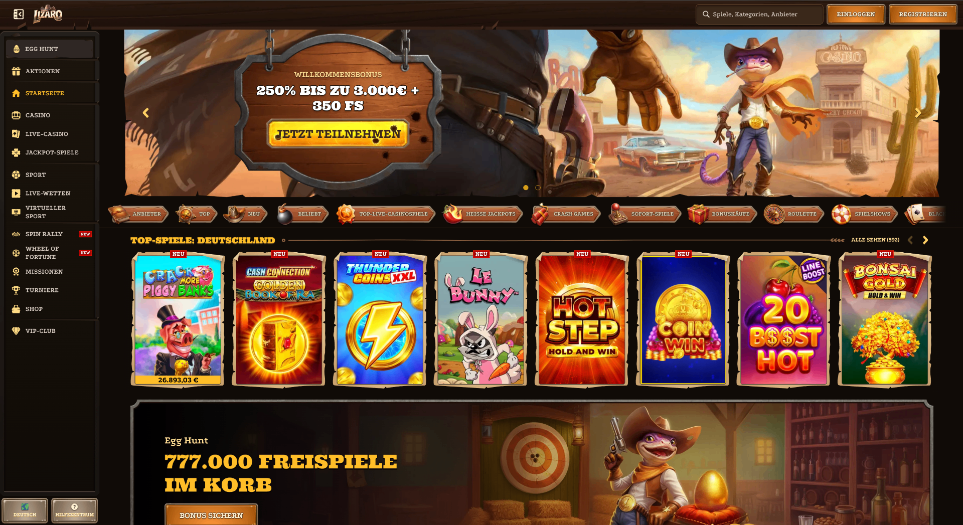 Screenshot der Lizaro Casino Webseite