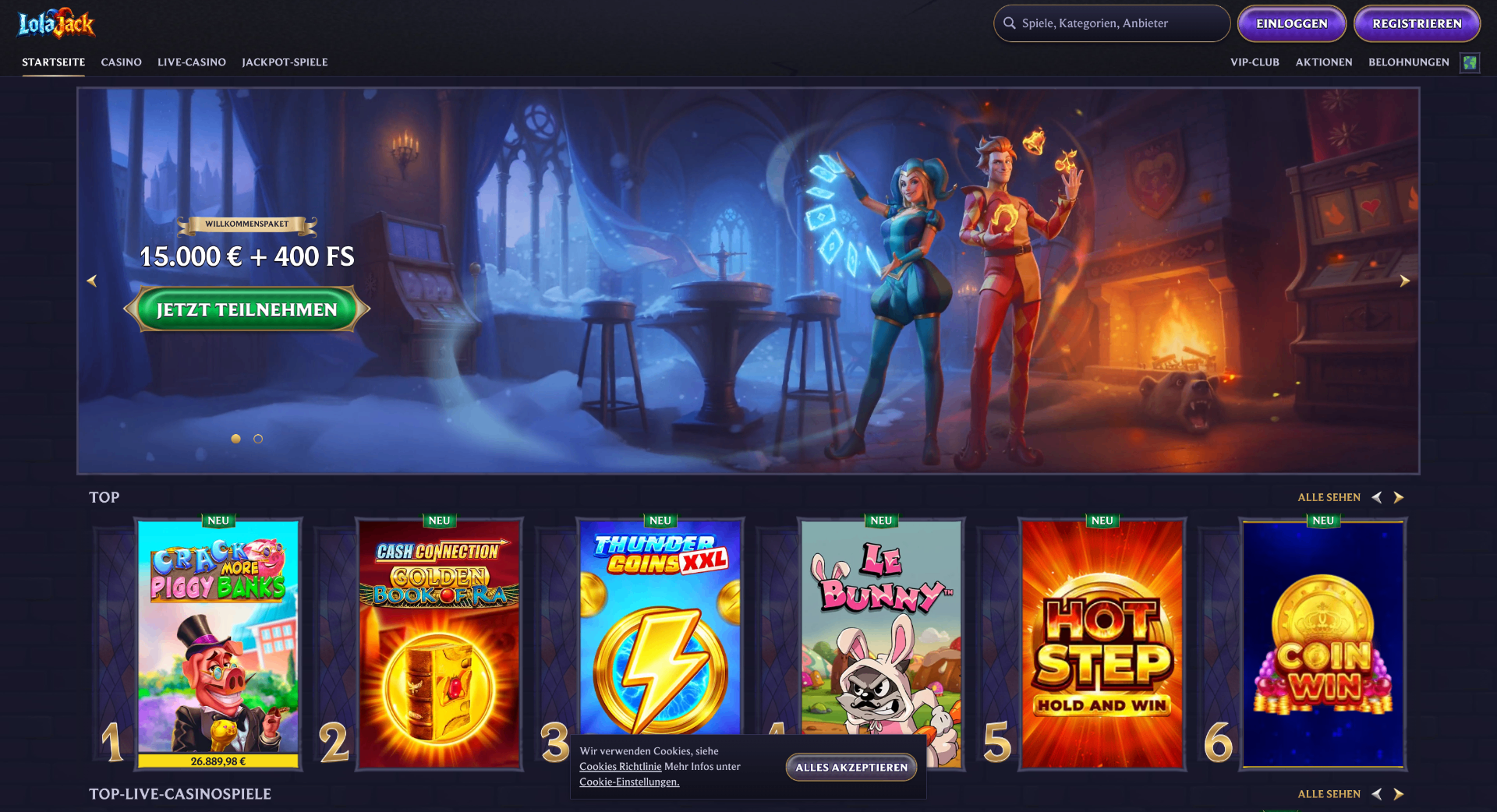 Screenshot der LolaJack Casino Webseite