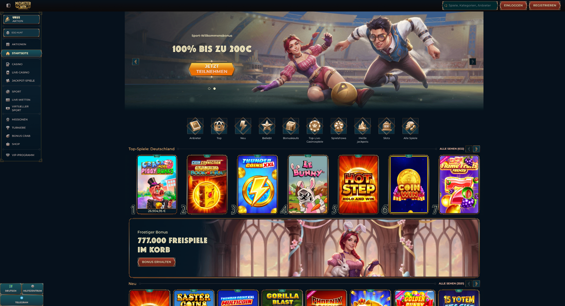 Screenshot der Monsterwin Casino Webseite