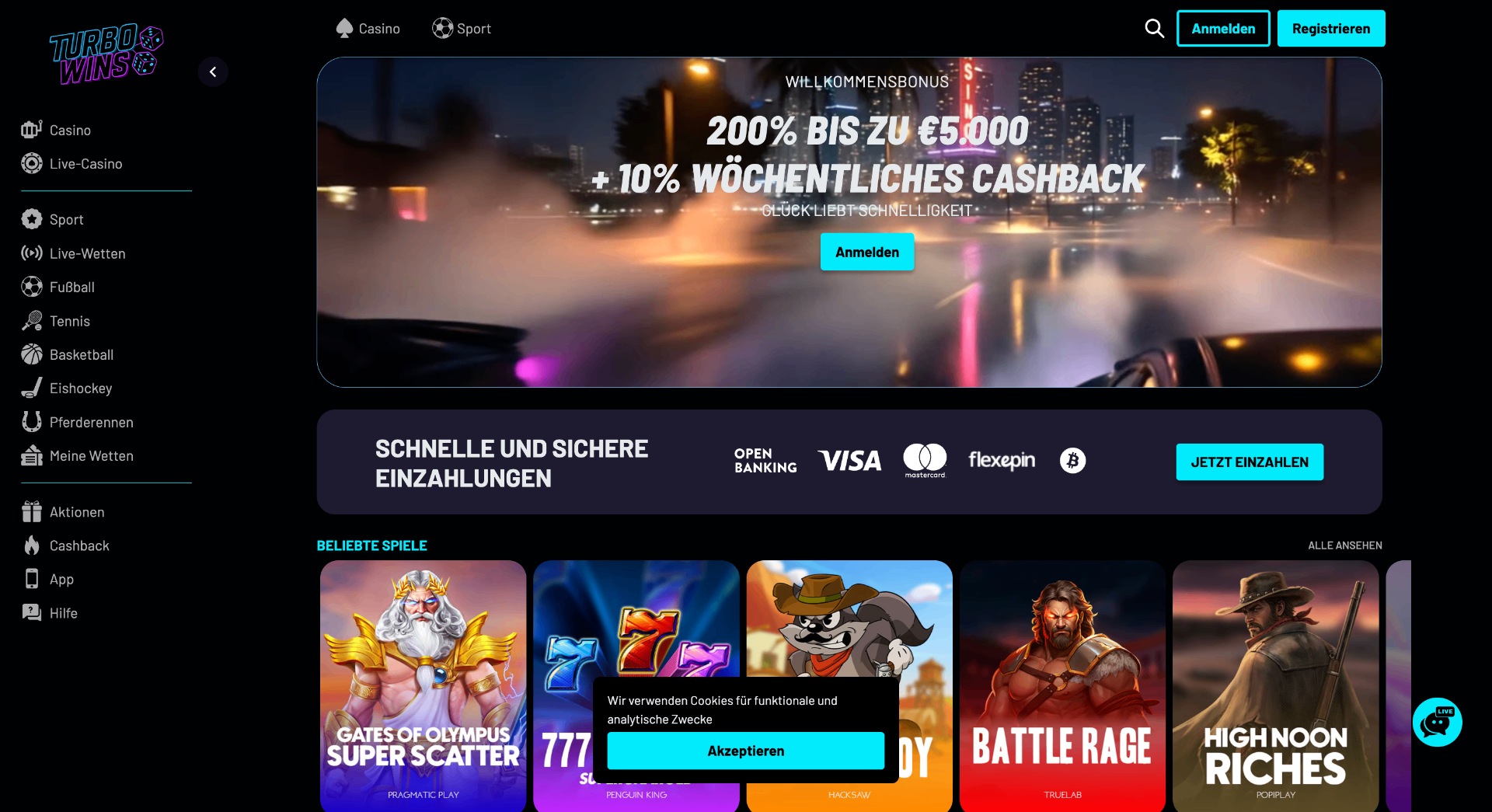 Screenshot der TurboWins Casino Webseite