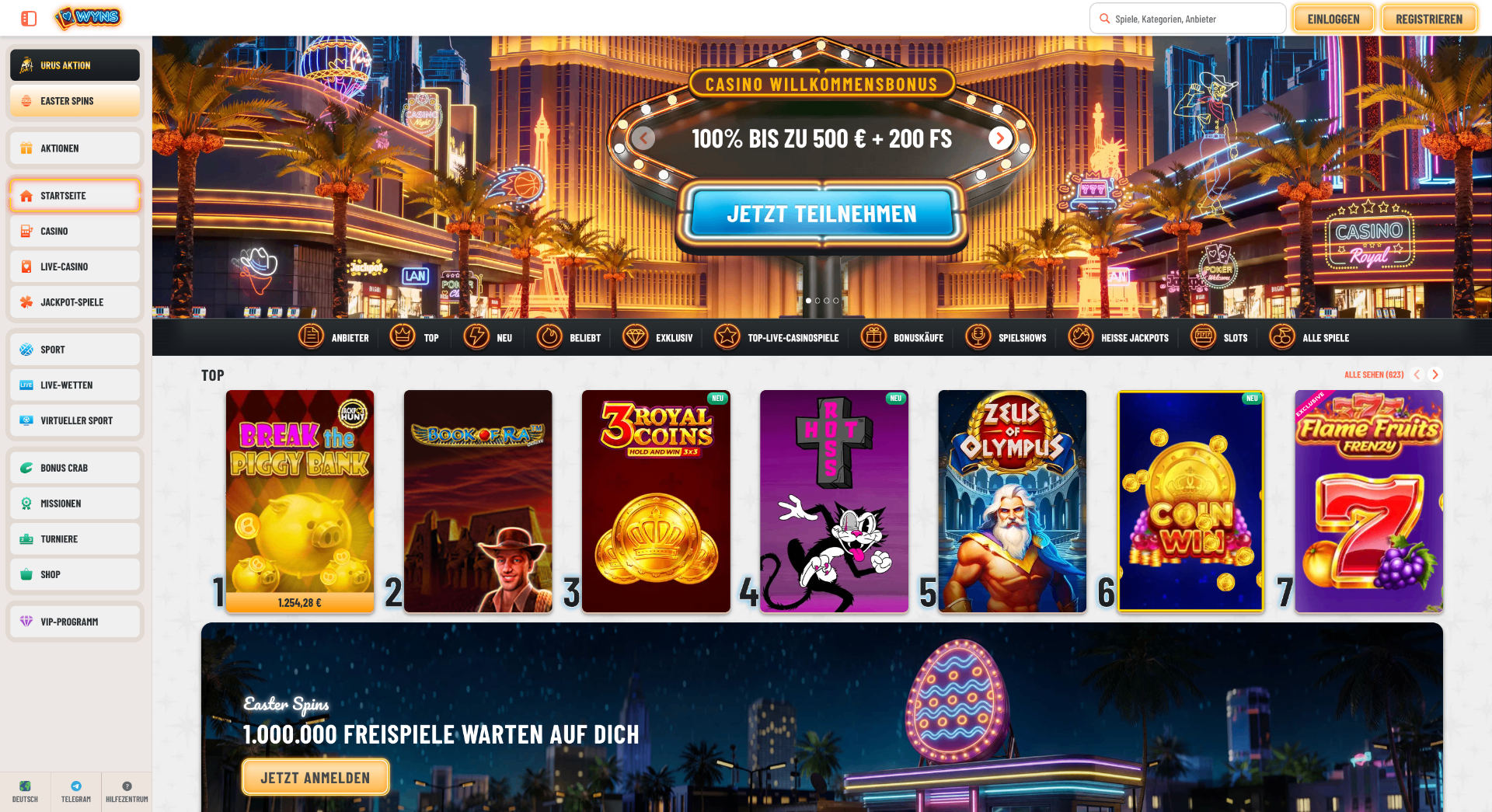 Screenshot der Wyns Casino Webseite